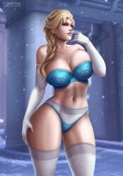 1girls artist_logo big_breasts blonde_hair blue_eyes blue_lingerie bra breasts cleavage clothing curvy detailed_background disney elbow_gloves elsa_(frozen) female female_only flowerxl frozen_(film) hair hand_on_thighs huge_breasts lingerie long_gloves long_hair looking_at_another pale-skinned_female panties pink_lipstick princess seductive_smile snowing solo thick_female thick_thighs thighhighs white_gloves white_socks