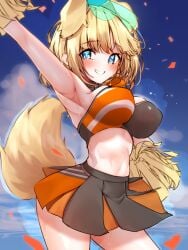 1girls armpits blonde_hair cheerleader dog_ears dog_tail hibiki_(cheerleader)_(blue_archive) hololive hololive_english hololive_myth large_breasts pom_poms smiling sweat thighs virtual_youtuber watson_amelia