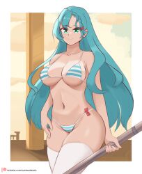 1girls absurdres alternate_costume aqua_hair bare_arms bare_shoulders bikini blue_bikini blue_hair blue_swimsuit bow breasts busty chloe_(fire_emblem) cleavage cowboy_shot dayman daymandraws female female_only fire_emblem fire_emblem_engage green_eyes groin hair_bow highres holding large_breasts legs light-skinned_female light_skin long_hair looking_at_viewer navel nintendo outdoors red_bow smile solo standing stomach striped striped_bikini swimsuit thighhighs thighs very_long_hair voluptuous weapon white_thighhighs