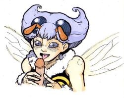 1boy 1girls 2020 bee blush darkstalkers holding_penis imminent_oral monster_girl open_mouth q-bee stitchword tongue_out