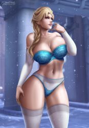 1girls artist_logo big_breasts blonde_hair blue_eyes blue_lingerie bra breasts cleavage clothing curvy detailed_background disney elbow_gloves elsa_(frozen) female female_only flowerxl frozen_(film) gloves_cutoffs hair hand_on_thighs huge_breasts lingerie long_gloves long_hair looking_at_another pale-skinned_female panties pink_lipstick princess seductive_smile snowing solo thick_female thick_thighs thighhighs white_gloves white_socks