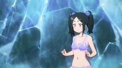 1girls 2d belly black_bra blue_eyes bra breasts female female_only futoku_no_guild hi_res navel panties petite purple_bra purple_panties screencap small_breasts solo surprised tnk_(company) toxico_dannar twintails