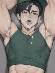 1boy abs ai_generated armpit_hair armpits arms_up bara baseball_cap black_hair blue_eyes blush covered_nipples cum cum_in_mouth cum_on_body cum_on_boy cum_on_clothes cum_on_tongue facial green_shirt hat implied_yaoi large_pectorals looking_at_viewer lying male_focus muscular muscular_male navel on_back open_mouth pectorals shirt short_hair solo stable_diffusion sweat tank_top toned tongue tongue_out upper_body