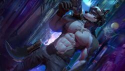 abs anthro discordnight furry high_resolution looking_at_viewer muscles presenting rocket_launcher wolf