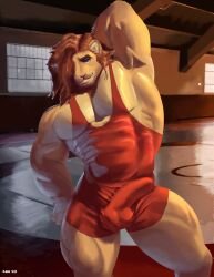 1boy 2023 abs anthro background_shot balls_outline biceps big_arms big_bulge big_muscles big_pecs blue_eyes brown_hair bulge clothed clothing detailed_bulge dkase erection_under_clothing felid fighting_ring flowing_hair fur genital_outline hair hair_over_eye hands_behind_head hi_res humanoid inside lion looking_at_viewer male mammal muscular muscular_anthro muscular_male one_eye_obstructed pantherine pecs penis_outline raised_arm red_clothing red_hair smile smirk solo solo_male tenting thick_thighs wrestler wrestling wrestling_outfit wrestling_singlet yellow_body yellow_fur