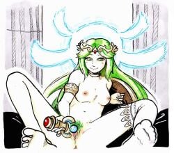 1girls 2020 breasts green_hair kid_icarus kid_icarus_uprising legs_apart milf nintendo nude palutena pubic_hair pussy sex_toy sitting solo_female stitchword vibrator