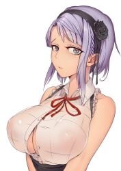 1girls bare_shoulders big_breasts breasts bursting_breasts busty dagashi_kashi female female_focus female_only flower hair_flower hair_ornament hairband high-waist_skirt highres inverted_nipples large_breasts liu_lan looking_at_viewer purple_eyes purple_hair ribbon ringed_eyes see-through shidare_hotaru short_hair skirt solo unbuttoned upper_body voluptuous white_background