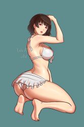 alternate_costume ass barefoot bikini breasts feet female female_only large_ass makoto_niijima persona persona_5 red_eyes solo squatting swimsuit tagme thick_thighs xelaroseart