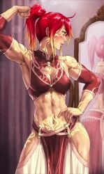 1girls 720p abs animated athletic_female body_markings cleavage clothed female female_only flexing looking_at_mirror mirror muscular muscular_female no_sound original_character ponytail red_hair robustart shorter_than_30_seconds solo solo_female tagme toned_female two_tone_hair vertical_video video