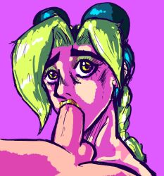 1boy 1girls birthmark blowjob blue_hair eyelashes eyeshadow fellatio female green_eyes green_hair green_lipstick jojo's_bizarre_adventure jolyne_kujo just_a_lil_guy lipstick looking_at_viewer looking_up male male/female nude nude_female nude_male penis purple_background simple_background solid_color_background stone_ocean straight sucking two_tone_hair worried worried_expression worried_face worried_look