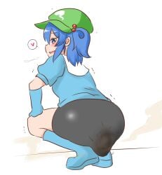 clothed_bowel_movement nitori_kawashiro scat short_hair shorts smell smelly soiling squatting touhou water_noodle