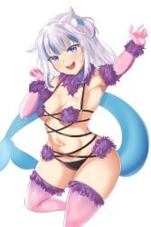 1girls alternate_costume animal_ears armpits arsleid blue_eyes cat_ears dangerous_beast female flat_chest fur_bikini gawr_gura hololive hololive_english hololive_myth looking_at_viewer mash_kyrielight_(dangerous_beast)_(cosplay) medium_hair revealing_clothes sharp_teeth small_breasts solo stomach thighhighs thighs virtual_youtuber white_hair