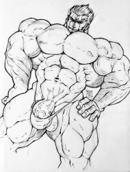 balls bara big_pecs bulge cernosat danganronpa facial_hair goatee low-angle_view male male_only monochrome muscles muscular nidai_nekomaru penis scar_across_eye scars solo solo_male super_danganronpa_2 thong