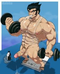 balls bara bodybuilder boner danganronpa dumbbell erection facial_hair gay goatee male male_only maloba muscles muscular musk nidai_nekomaru pantsless penis precum scar_across_eye scars solo solo_male super_danganronpa_2 sweaty tank_top weightlifting yaoi