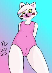 absurd_res animatronic anthro camel_toe canid canine clothing crotch_focus female five_nights_at_freddy's five_nights_at_freddy's_2 flintdogge fox fur gradient_background hands_behind_back hi_res leotard machine mammal mangle_(fnaf) one-piece_swimsuit pink_clothing pink_leotard plump_camel_toe robot scottgames simple_background solo solo_focus standing swimwear white_body white_fur yellow_eyes