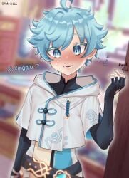 1boy bedroom blue_hair blush btms666 chongyun_(genshin_impact) clothed clothing femboy flushed genshin_impact gloves hood human light-skinned_male light_blue_hair light_skin looking_at_viewer male male_only pale_skin robe shocked short_hair solo surprised xingqiu_(genshin_impact)