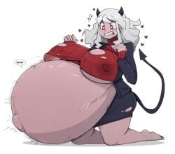 1girls areolae breasts female female_only heart-shaped_pupils helltaker huge_belly huge_breasts hyper_belly hyper_pregnancy modeus_(helltaker) nipples outie_navel pregnant ready_to_pop zeruxu