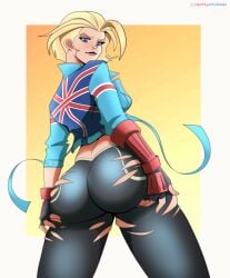 1girls ass biker_jacket blonde_hair cammy_white capcom dat_ass female female_only gloves hi_res holding_ass ripped_leggings ripped_pants scar solo spotty_arts street_fighter street_fighter_6 uncensored