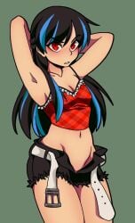 1girls armpits audrey_belrose black_hair blue_hair crop_top dreamlike_real female_only huniepop looking_at_viewer midriff midriff_baring_shirt multicolored_hair open_pants red_eyes shaved_armpit shorts solo_female