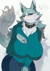 1boy 5_fingers anime anthro anthro_male areolae axelo axelocraft15_(artist) big_breasts big_tail big_tits blue_clothing blue_eyes blush brand_new_animal breast_grab breasts busty_boy chubby_anthro clothing collar digital_drawing_(artwork) digital_media_(artwork) face_blush fanart flushed_face fur gender_transformation hand_on_breast horny huge_breasts hyper_breasts kemono looking_at_viewer male male_with_breasts mommy naked nervous nipples oc owo rule_63 shaded shirou_ogami shy simple_background studio_trigger sweating sweaty_body sweaty_breasts teenager thick_ass thick_thighs thighs touching_breast transformation turquoise_fur uwu white_fur wolf