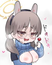 animal_ears blue_archive breasts brown_eyes candy clothes_lift female food glasses halo heart heart-shaped_pupils large_breasts light_brown_hair lollipop low_twintails mechanical_ears moe_(blue_archive) nyaru_(nyaru_4126) rabbit_ears rabbit_squad_(blue_archive) saliva saliva_trail shirt_lift simple_background srt_special_academy_student sweater symbol-shaped_pupils turtleneck turtleneck_sweater twintails white_background