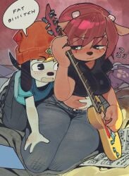 1boy 1girls 2023 anthro big_breasts breasts chubby clothed clothing crop_top dialogue duo electric_guitar embarrassed english_text female fully_clothed guitar high-angle_view jeans lammy_lamb male musical_instrument pants parappa parappa_the_rapper shaming sitting slightly_chubby tagme text thick_thighs um_jammer_lammy wamudraws wide_hips