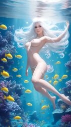 ai_generated coral_reef female fish nude_female ocean underwater white_hair