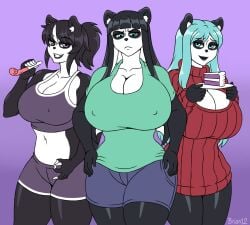 3girls anthro belinda_(skecchiart) blue_eyes breasts briantwelve cleavage cleavage_cutout covered_nipples erect_nipples female female_only furry giant_panda green_eyes green_shirt huge_boobs huge_breasts large_breasts lei_(skecchiart) panda purple_eyes shirt skecchiart thick_thighs vivian_vivi_(skecchiart) voluptuous wide_hips