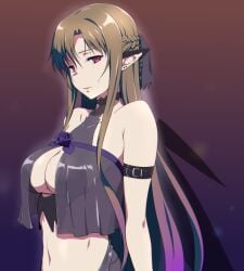 bangs bare_arms bare_shoulders braid breasts brown_hair crown_braid earrings elf female female_focus french_braid half_updo jewelry large_breasts long_hair looking_at_viewer midriff navel pointy_ears puge red_eyes revealing_clothes solo standing sword_art_online titania_(sao) upper_body very_long_hair yuuki_asuna