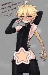 1boy aether_(genshin_impact) black_gloves black_thighhighs blonde_hair blush btms666 censored covered_navel covered_nipples earrings femboy genshin_impact gloves highres long_hair male_focus male_only nipples only_male solo standing steam testicles thighhighs tongue tongue_out yellow_eyes