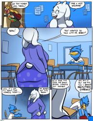 1boy 2d age_difference anthro ass berdly breasts classroom closed_eyes clothed color comic deltarune dialogue dress enf english english_dialogue english_text eyes_closed female furry glasses goat horns hypnosis large_breasts long_ears milf noelle_holiday smile student sweater tail teacher text theenfman toriel unaware_exhibitionist undertale undertale_(series)