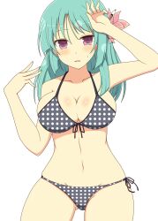 1girls bashou_(senran_kagura) bikini blush collarbone dotted_bikini female flower front_view green_hair hair_ornament ichiryuu_tsumiki light-skinned_female light_skin long_hair looking_at_viewer midriff open_mouth purple_eyes senran_kagura simple_background solo white_background