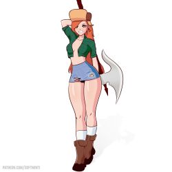 1girls alternate_costume axe boots facing_viewer full_body fur_hat gravity_falls looking_at_viewer midriff no_bra open_shirt orange_hair simple_background smile socks softminti solo standing straight_hair tagme torn_skirt wendy_corduroy white_background