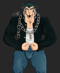 bara bulge danganronpa facial_hair flexing fully_clothed goatee jaderarts male male_only muscles muscular nidai_nekomaru scar_across_eye scars solo solo_male super_danganronpa_2