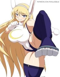 1girls blonde_hair blue_eyes bunny_ears bunny_girl feet hero_outfit_(mha) katsuragi_(senran_kagura) leg_raise legs miruko_(cosplay) muscular_female my_hero_academia senran_kagura senran_kagura_(series) shounen_jump soulkibble thick_thighs thighhighs thighs year_of_the_rabbit