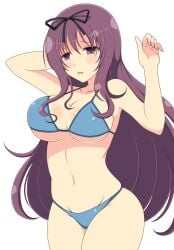 1girls bikini blue_bikini collarbone female front_view ichiryuu_tsumiki large_breasts light-skinned_female light_skin looking_away midriff murasaki_(senran_kagura) open_mouth purple_eyes purple_hair ribbon senran_kagura simple_background solo very_long_hair white_background