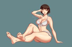 alternate_costume barefoot bikini breasts feet female female_only large_ass makoto_niijima persona persona_5 red_eyes solo swimsuit tagme thick_thighs xelaroseart