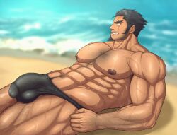 balls bara big_bulge bulge danganronpa facial_hair goatee male male_only muscles muscular nidai_nekomaru penis scar_across_eye scars solo solo_male super_danganronpa_2 sweaty thong toto_(artist)