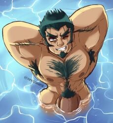 arcomaru armpit_hair armpits balls bara big_penis danganronpa facial_hair goatee hairy hands_behind_head male male_only muscles muscular nidai_nekomaru one_eye_closed partially_submerged penis scar_across_eye scars solo solo_male super_danganronpa_2 water