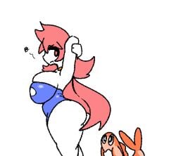 4chan annoyed blue_leotard cape cleavage cleavage_cutout dragon kayda_(kinnoh-chan) large_ass large_breasts leotard oc pokemon red_eyes red_hair staring staring_at_ass tatsugiri