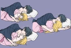 1boy 1girls blonde_hair chi_c_lov cleavage closed_eyes cute embrace eye_contact female fully_clothed gintama kawakami_bansai kijima_matako kimono long_hair looking_at_another male on_side purple_background sleeping smile spooning teal_hair waking_up wholesome