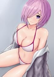 1girls bare_shoulders big_breasts blush collarbone eyebrows_visible_through_hair fate/grand_order fate_(series) female female_focus female_only gradient_background hair_over_one_eye haruyuki_(karem) highres hoodie jacket mash_kyrielight pink_hair purple_eyes shiny_skin short_hair smile swimsuit white_swimsuit