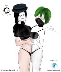 2girls artist_signature black_bra black_hair black_underwear blox_fruits fer999 green_hair half-dressed mask no_pants roblox roblox_avatar roblox_game robloxian self_upload tagme tiktoker verzura white_eyes zenr34