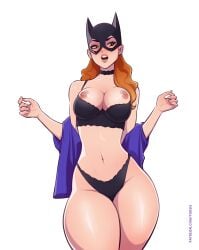 barbara_gordon batgirl batman_(series) black_bra black_panties bra choker dc dc_comics green_eyes orange_hair thick_thighs toksie undressing