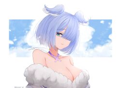 1girls bare_shoulders big_breasts blue_hair bob_cut cleavage clouds covered_eye elira_pendora elira_pendora_(2nd_costume) exposed_shoulders eye_covered hair_wings head_wings hi_res highres key key_necklace looking_at_viewer mole mole_under_armpit nijisanji nijisanji_en one_eye_covered one_eye_obstructed parkiranhonda short_hair solo solo_female solo_focus upper_body virtual_youtuber yukata