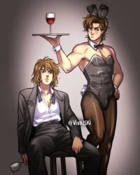 brown_eyes brown_hair bunny_costume bunny_ears bunnysuit canon_lesbian chest_hair crossdressing drag_king messy_hair open_shirt playboy_bunny robin_buckley steve_harrington stranger_things wine wine_glass woman_in_suit