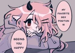 demon demon_girl demon_horns demon_tail earrings freckles hoodie june_(megrocks) long_hair looking_at_viewer megrocks mob_face original original_character pink_hair pov smile succubus succubus_horns talking_to_viewer wholesome