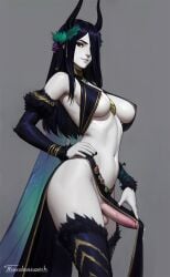 1futa areola_slip artist_name big_breasts big_penis black_hair black_horns black_nails breasts clothed clothing clothing_aside colored_sclera colored_skin cum cumming erection fingernails futa_only futanari grey_background hair_ornament hair_over_one_eye hand_on_hip highres horns horny humanoid humanoid_penis insect_wings large_breasts light-skinned_futanari light_skin long_hair looking_at_viewer melaina_(tarakanovich) mistveil monster_girl mostly_nude navel nipples_visible_through_clothing original pelvic_curtain pelvic_curtain_aside penis precum revealing_clothes simple_background smile solo standing stomach tarakanovich testicles thighhighs thighs uncensored white_skin wings wreath yellow_sclera