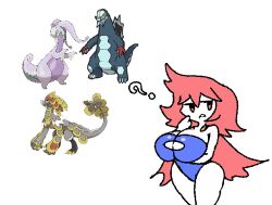 4chan anthro baxcalibur blue_leotard cape cleavage cleavage_cutout confused goodra kayda_(kinnoh-chan) kinnoh-chan kommo-o large_breasts large_hips leotard pokemon pokemon_(species) question_mark red_eyes red_hair