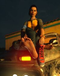 bandage barefoot bracelet car dani_rojas dark_hair far_cry far_cry_6 feet female female_only foot_fetish foot_focus footwear hair_bun jeans latina nexrenders night shoes shoes_removed sneakers soles t-shirt toes